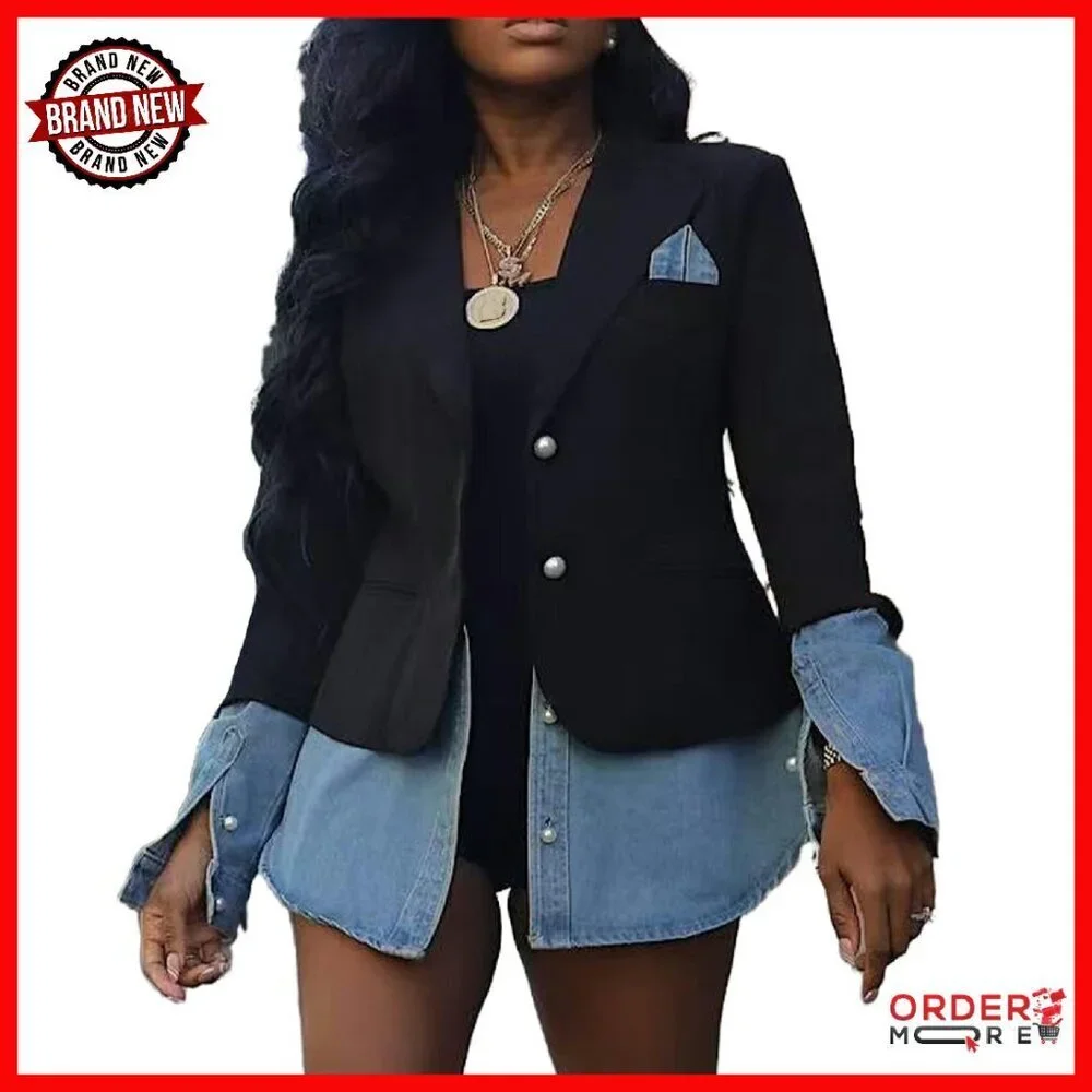 Denim Patchwork Blazer Jacket Long Sleeve Button Down Casual Office